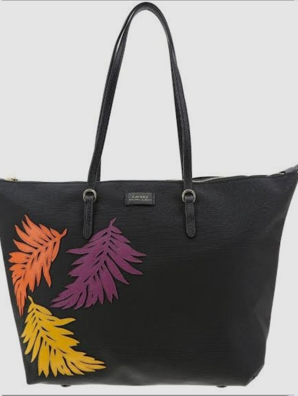 Lauren Ralph Lauren Black Tote with Orange, Purple and Yellow Leaf Accents